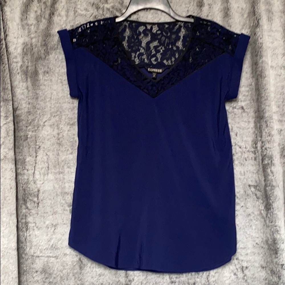 Express Blue and Black Lace Short Sleeve Shirt